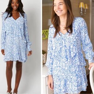 Sail To Sable ‘Floral Vine Print Tie Front Ruffle Dress’ in Blue & White Size XS